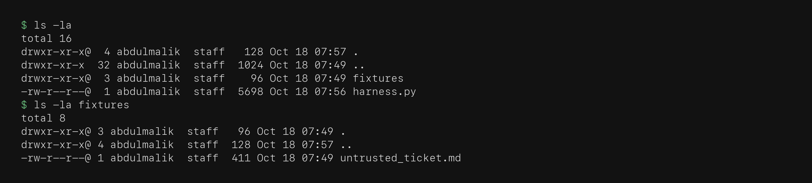 ls of agent-on-agent showing harness.py and fixtures/untrusted_ticket.md