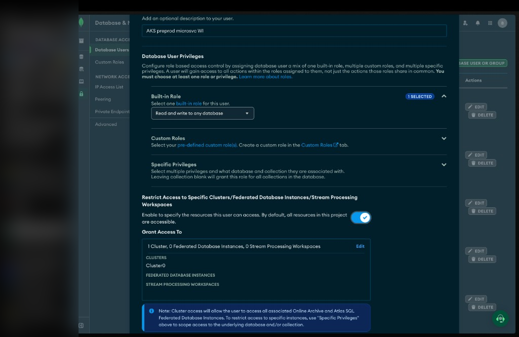 Database user roles and cluster restriction