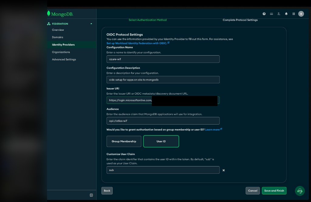 Atlas OIDC protocol settings issuer audience User ID
