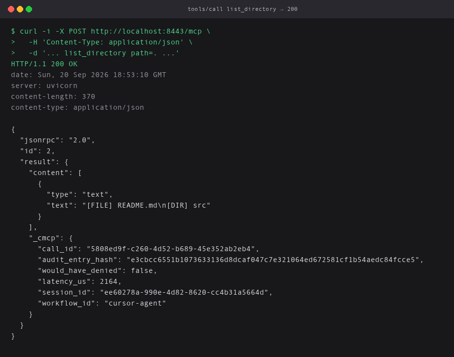 curl tools/call list_directory returns HTTP 200 with directory listing and _cmcp audit block