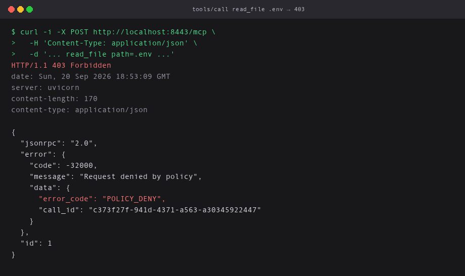 curl tools/call read_file path=.env returns HTTP 403 POLICY_DENY