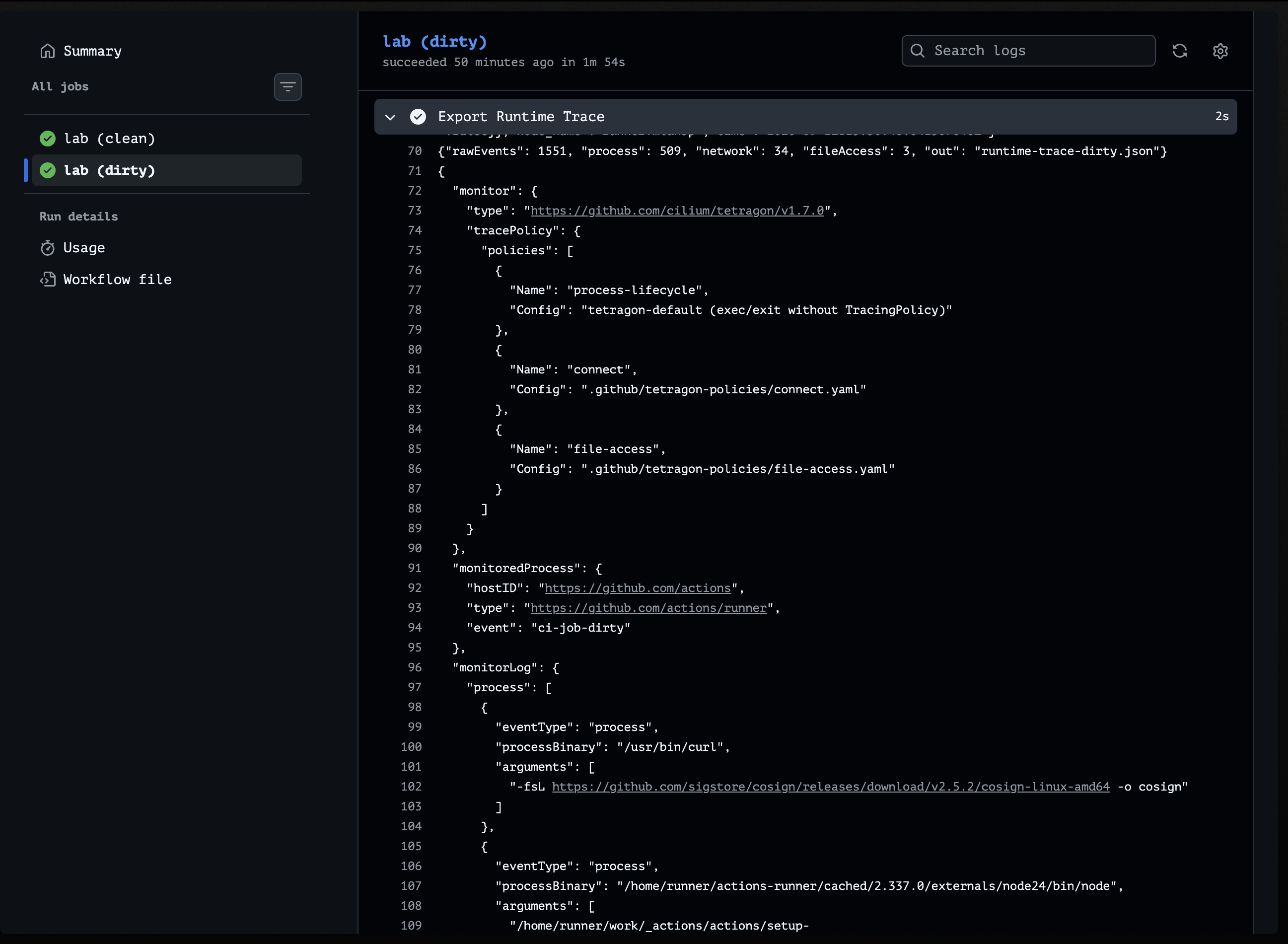 Export Runtime Trace step showing runtime-trace-dirty.json with Tetragon policies connect and file-access