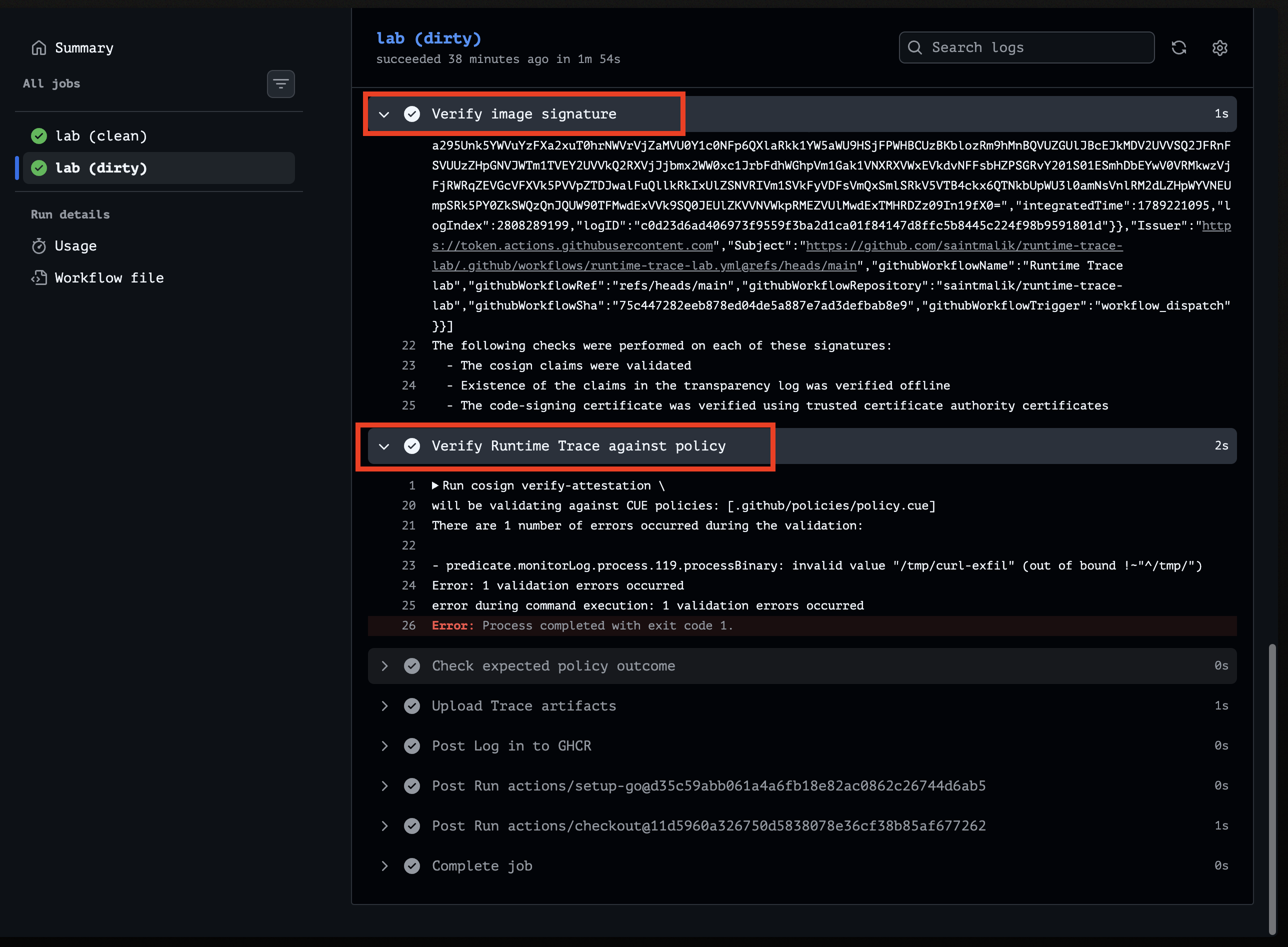 cosign verify-attestation failing: processBinary /tmp/curl-exfil out of bound !~^/tmp/