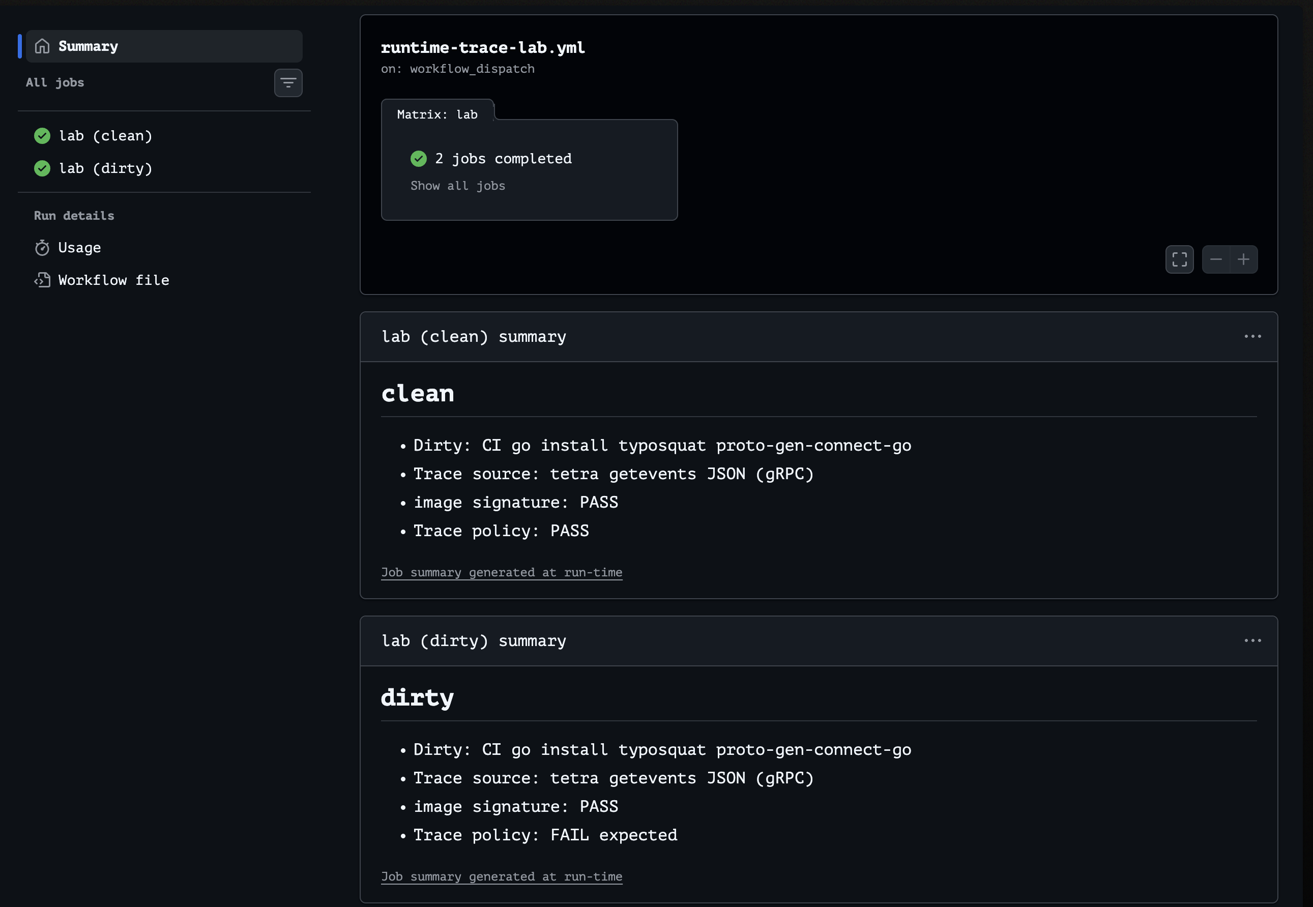 GitHub Actions summary: clean Trace policy PASS, dirty FAIL expected, image signature PASS both