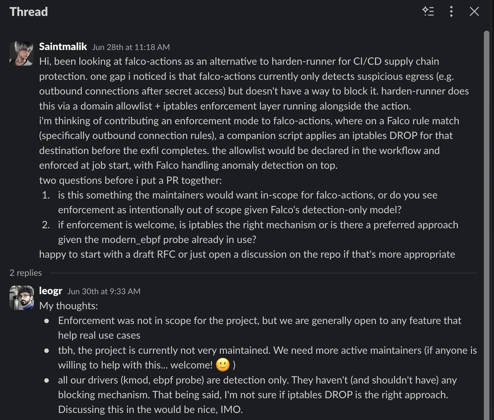 Public Falco Slack thread: Saintmalik proposing falco-actions enforcement mode; leogr replies that Falco drivers are detection-only and falco-actions is lightly maintained