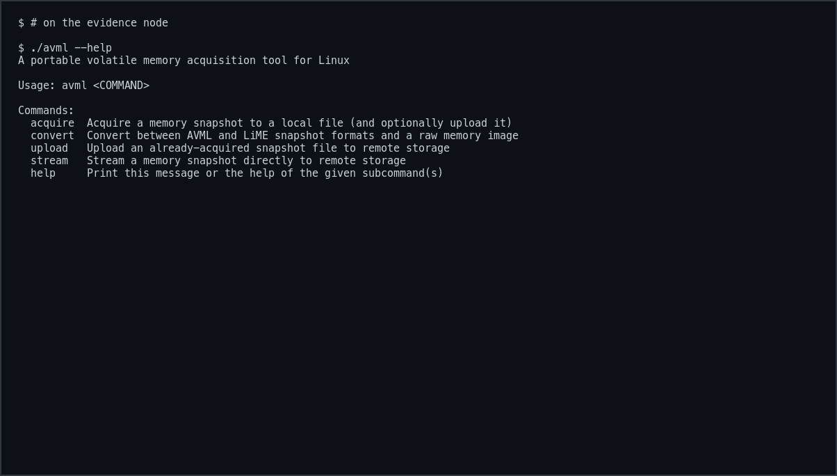 avml --help showing acquire convert upload stream subcommands