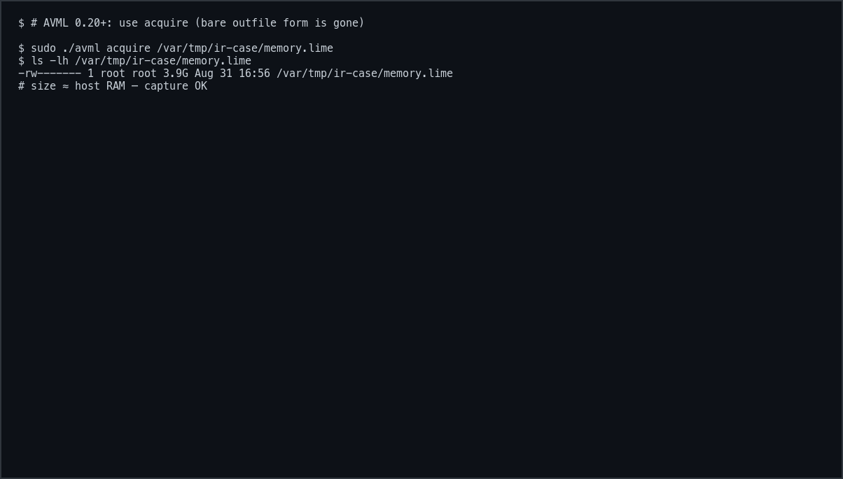 avml acquire finished with LiME file sized like host RAM
