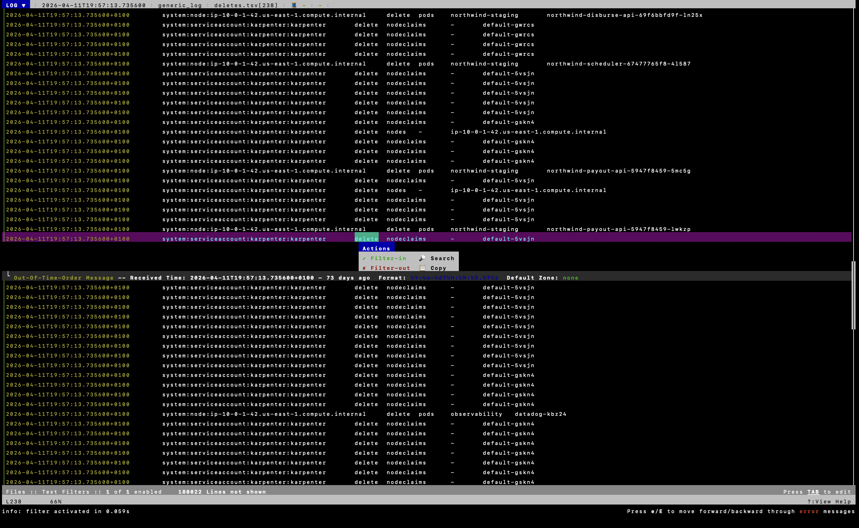 lnav filter-in command narrowing audit log results