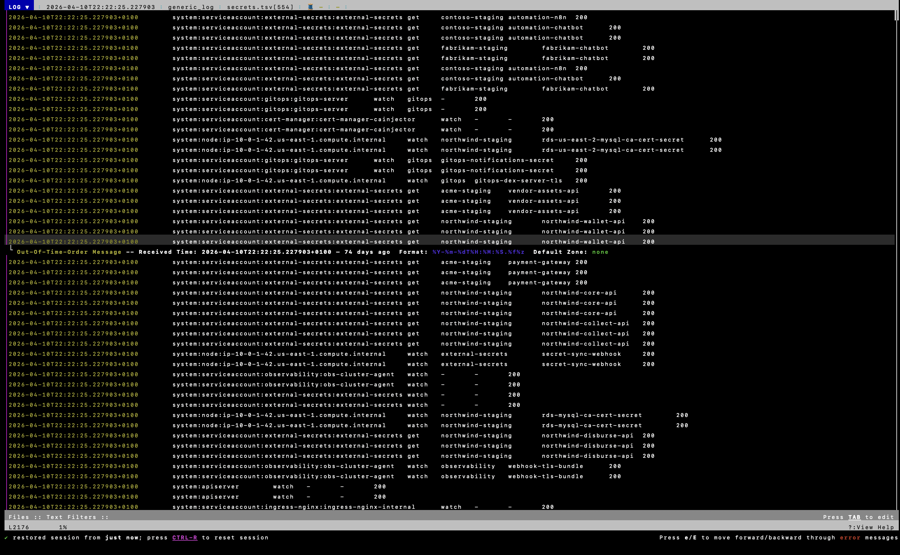 lnav timeline with multiple audit TSV slices open