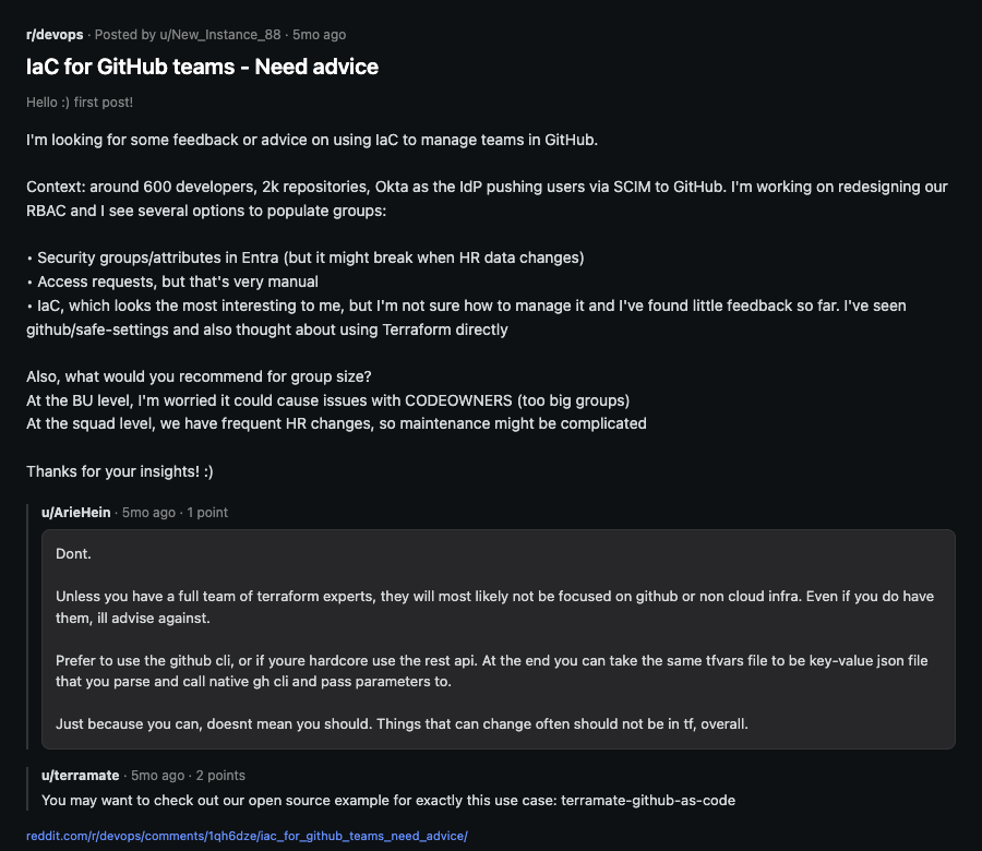 Reddit r/devops thread: IaC for GitHub teams - Need advice